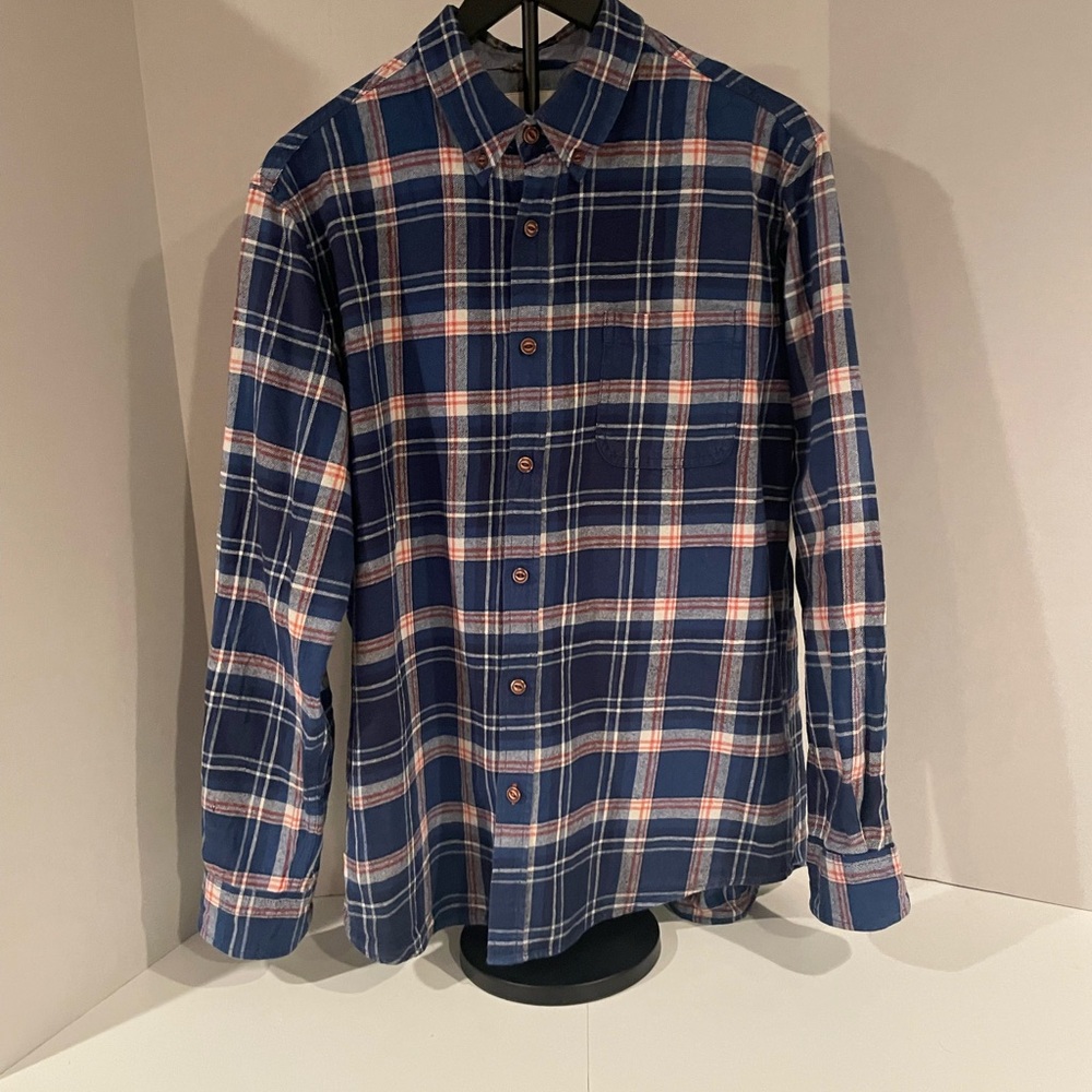 Men’s Flannel Shirt Blue White Plaid Button Down Size L Casual Fall Winter